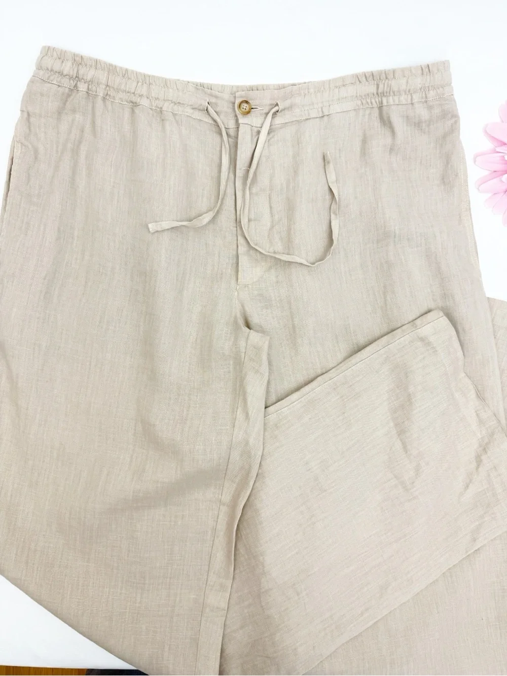 120% Lino Men’s Linen Trousers Drawstring Relaxed Sport Fit Savanna Tan
